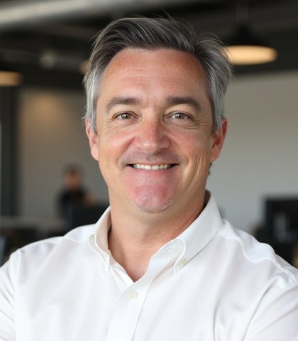 Samuel J. Davis — smiling, arms folded, in a white shirt in an open-plan office.